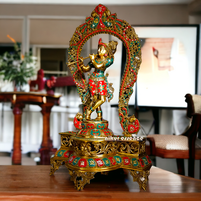 Murli Manohar Krishna Idol on Ornate Pedestal with Intricate Peacock Prabhavali Inlay - Exquisite Brass Statue Nikuressence