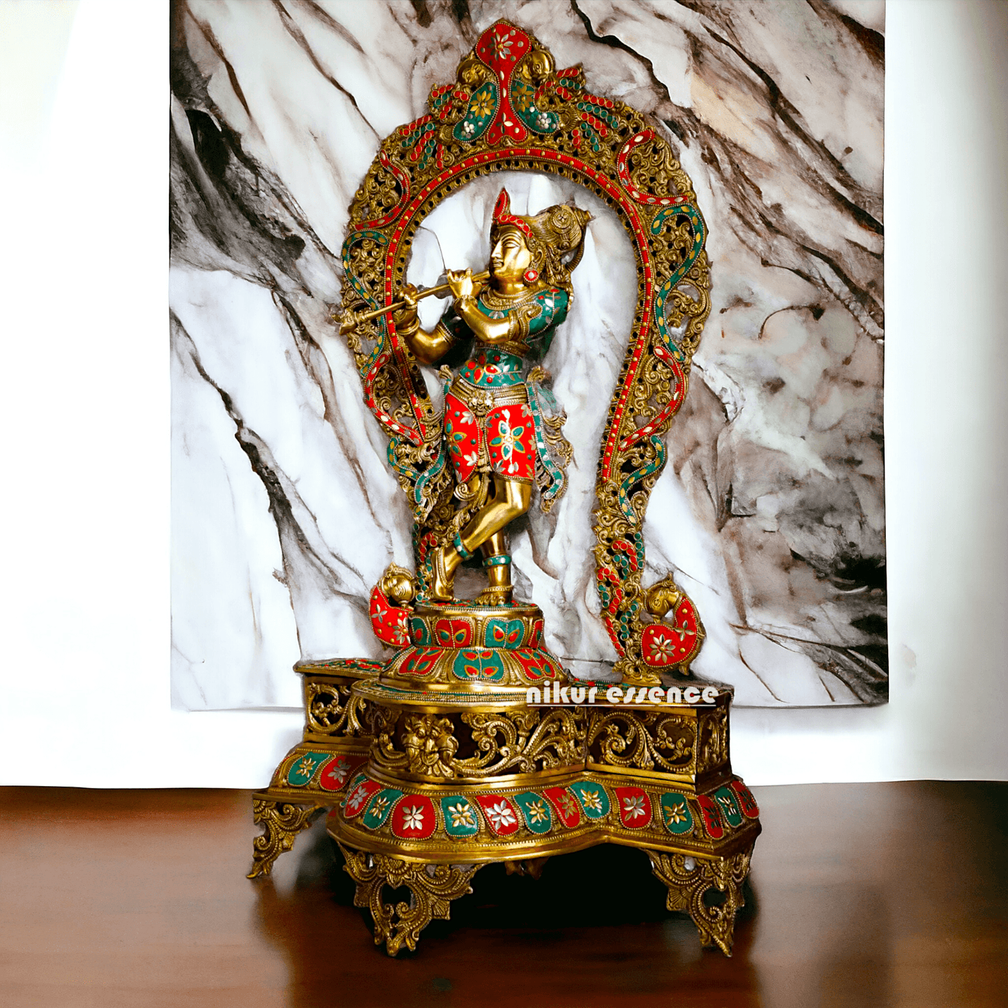 Murli Manohar Krishna Idol on Ornate Pedestal with Intricate Peacock Prabhavali Inlay - Exquisite Brass Statue Nikuressence