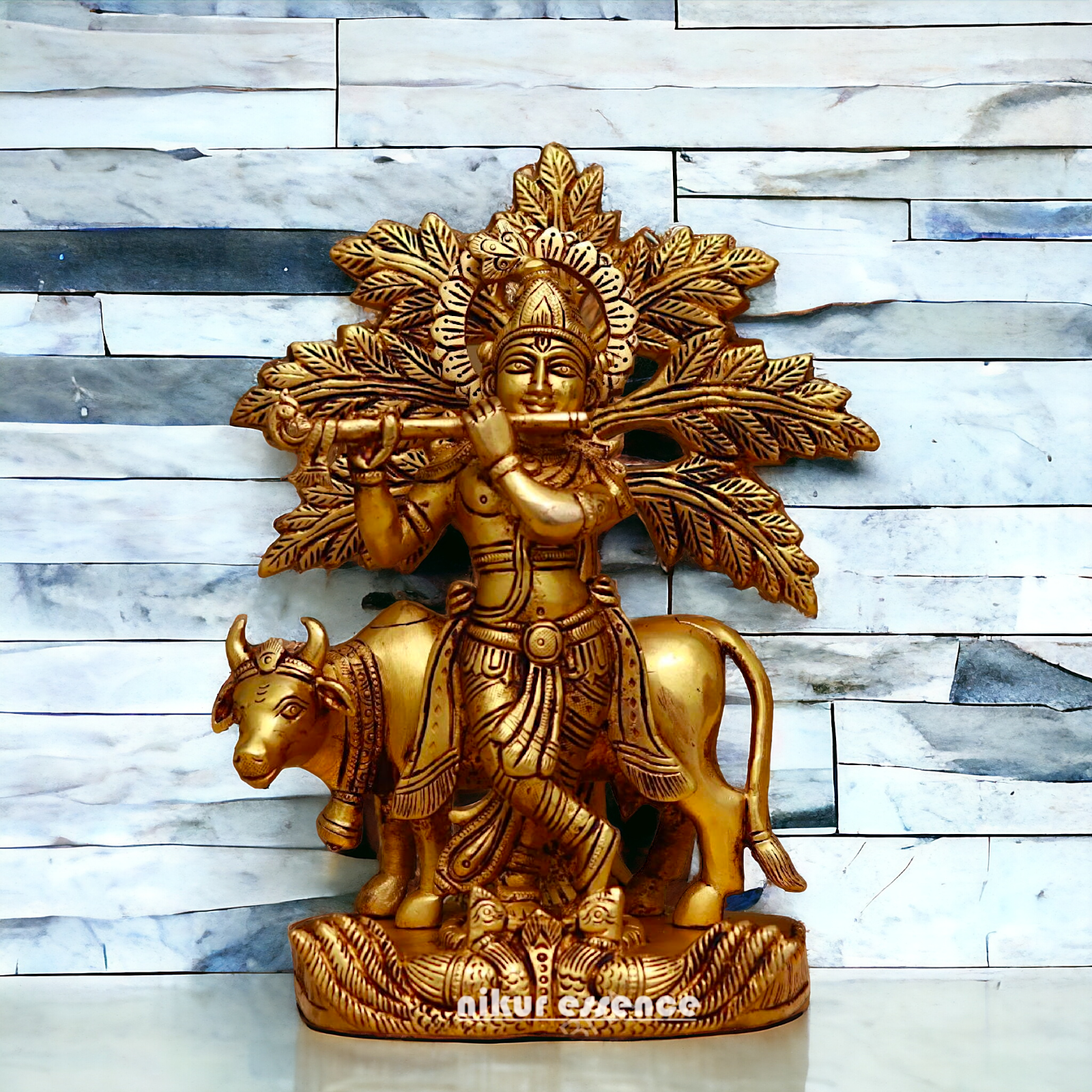 Brass Tree Cow Krishna Statue 10 inch -nikuressence Nikuressence