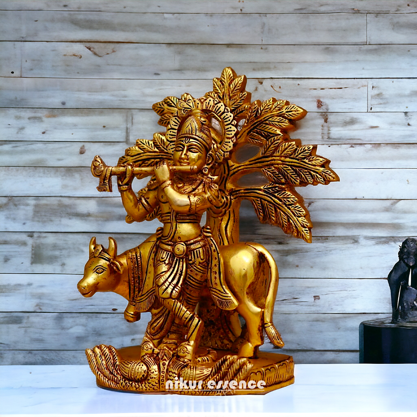 Brass Tree Cow Krishna Statue 10 inch -nikuressence Nikuressence