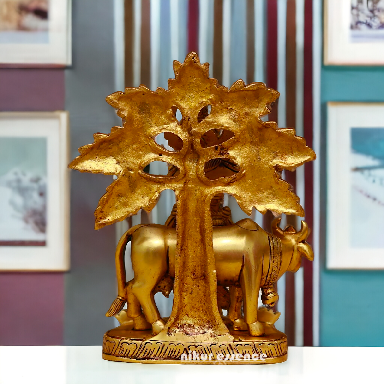 Brass Tree Cow Krishna Statue 10 inch -nikuressence Nikuressence