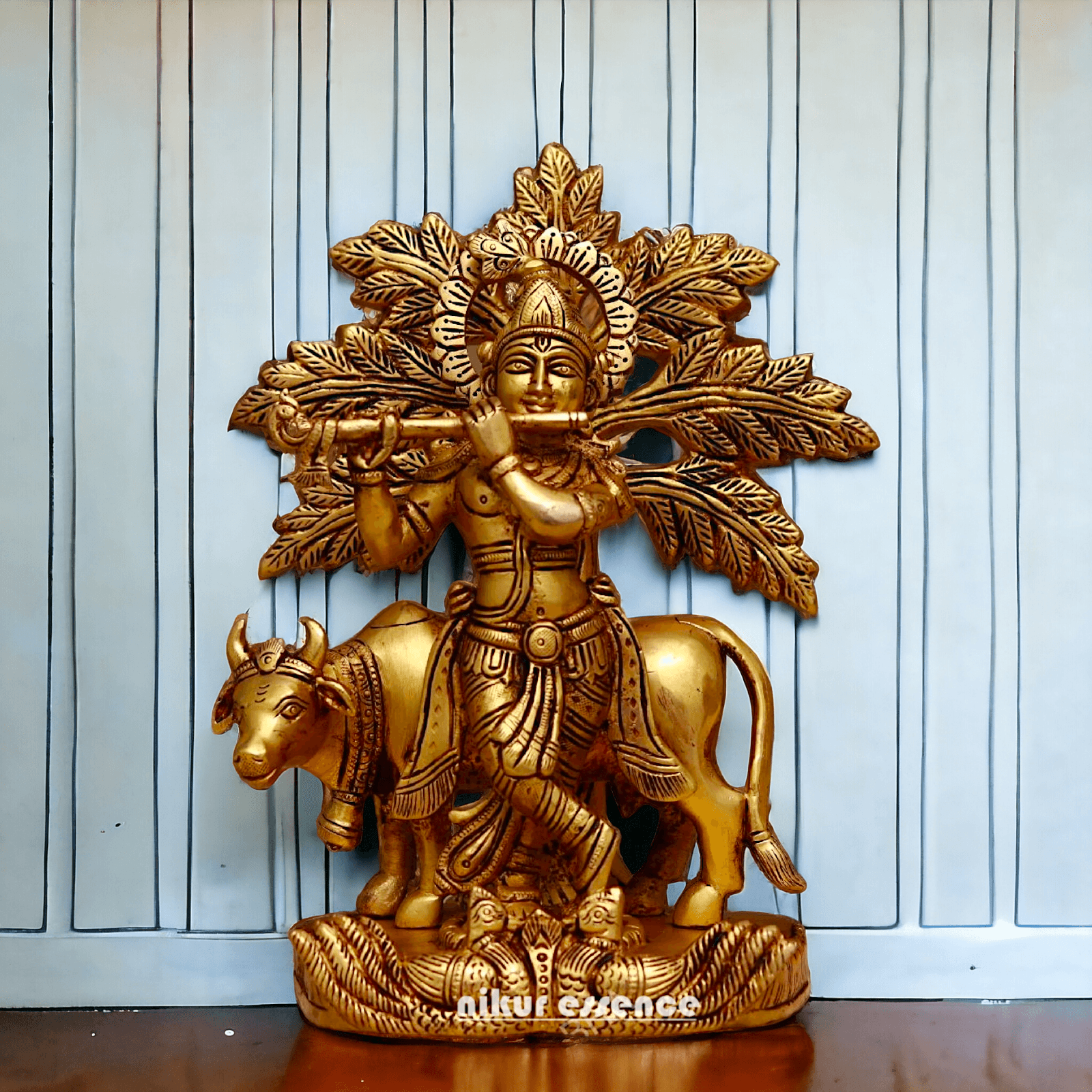 Brass Tree Cow Krishna Statue 10 inch -nikuressence Nikuressence