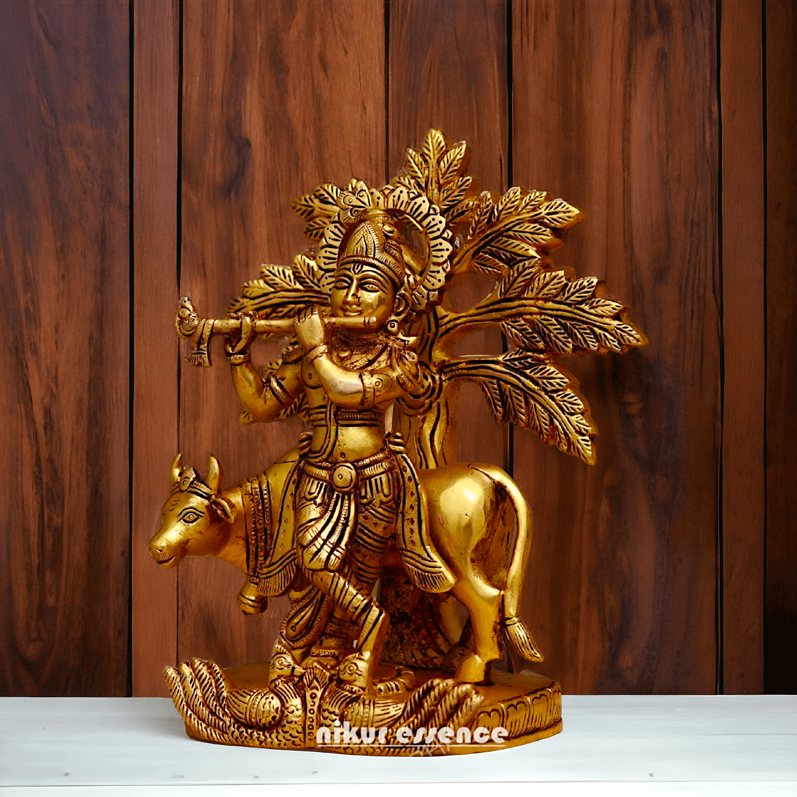 Brass Tree Cow Krishna Statue 10 inch -nikuressence Nikuressence