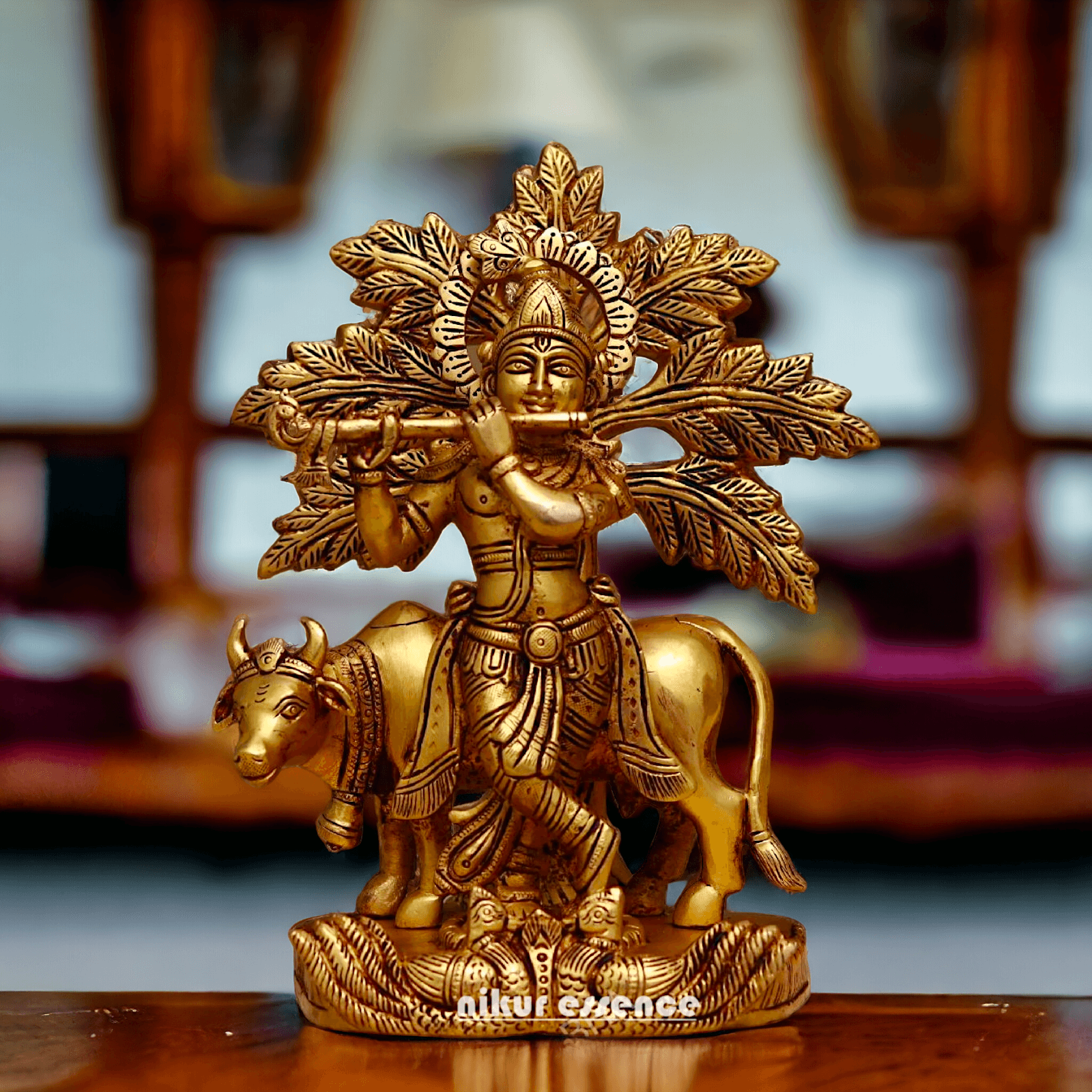Brass Tree Cow Krishna Statue 10 inch -nikuressence Nikuressence