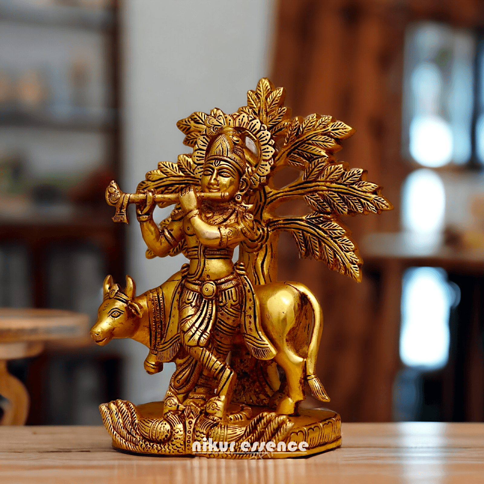 Brass Tree Cow Krishna Statue 10 inch -nikuressence Nikuressence