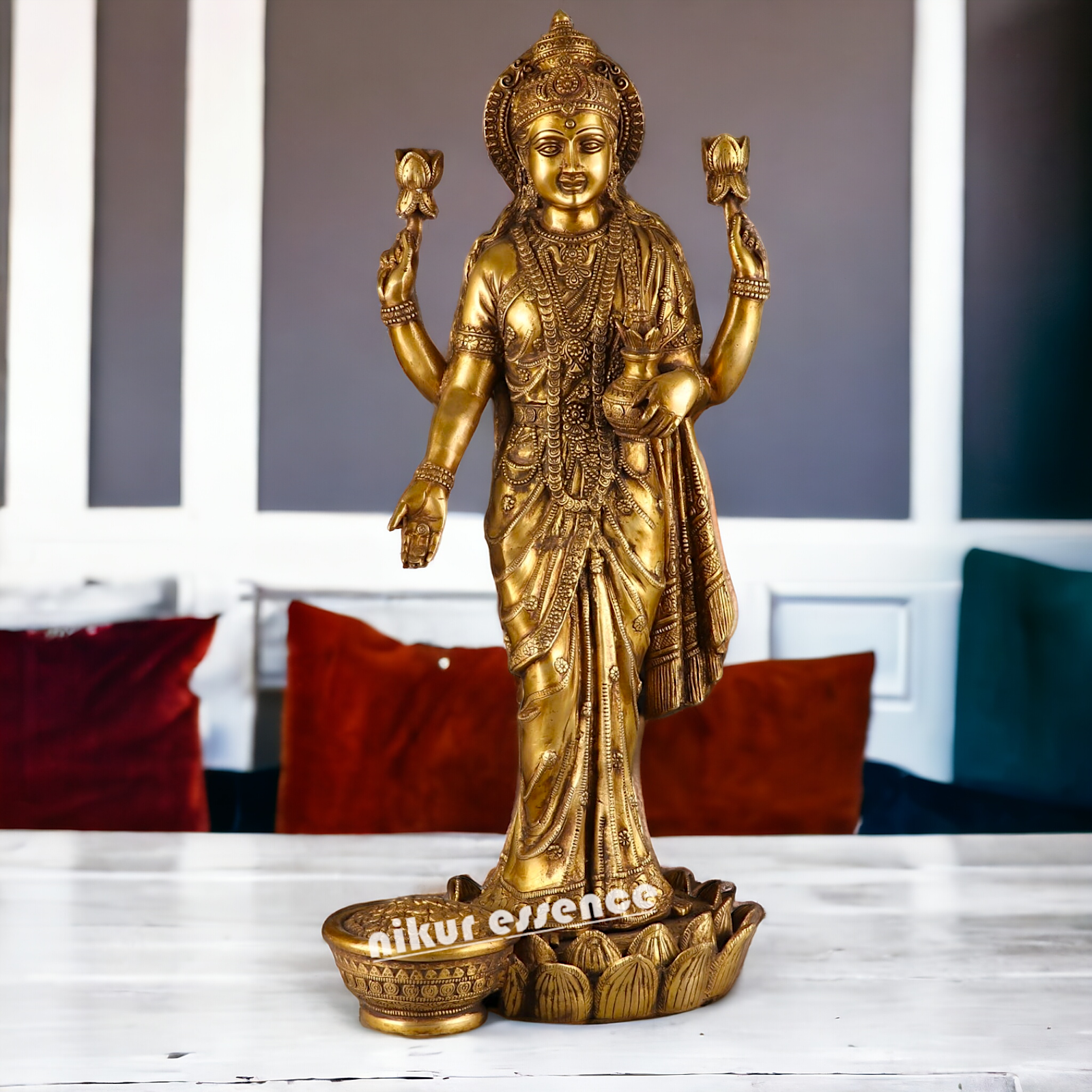 Large Solid Brass Lakshmi Stand on Lotus Idol - 62 cm Nikuressence