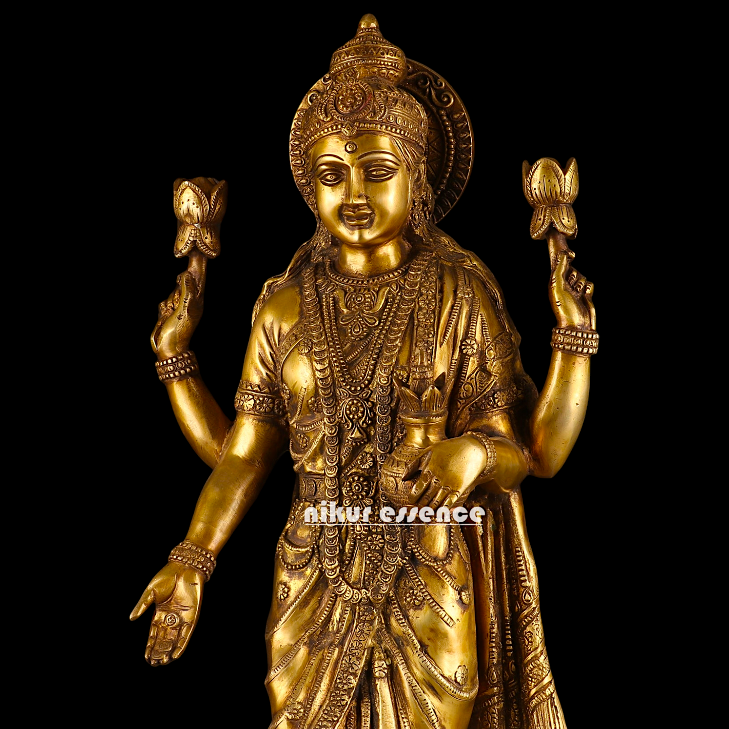 Large Solid Brass Lakshmi Stand on Lotus Idol - 62 cm Nikuressence