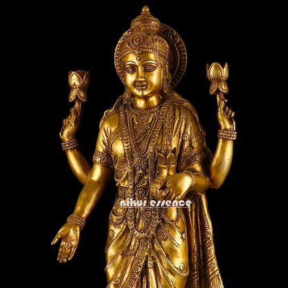 Large Solid Brass Lakshmi Stand on Lotus Idol - 62 cm Nikuressence