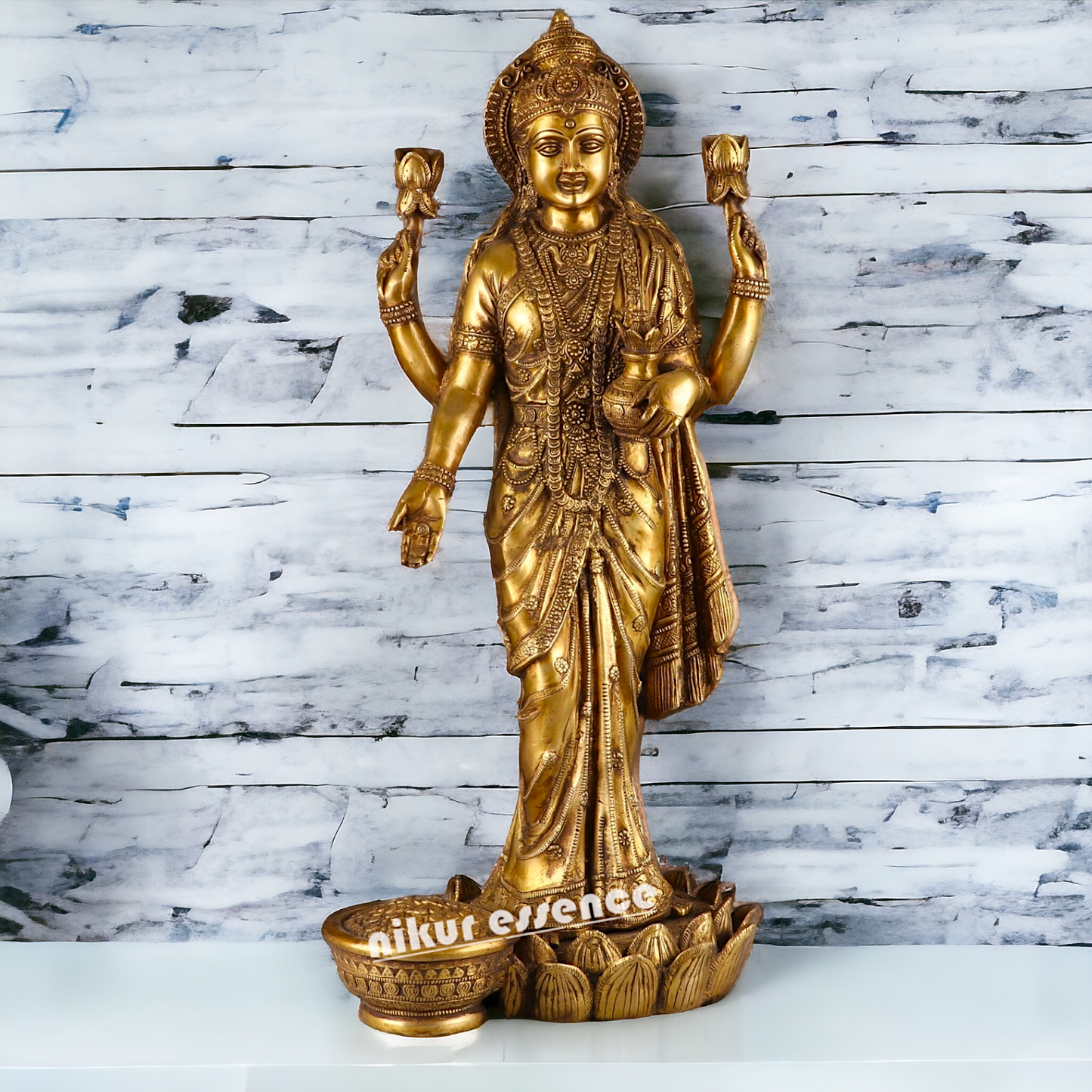 Large Solid Brass Lakshmi Stand on Lotus Idol - 62 cm Nikuressence