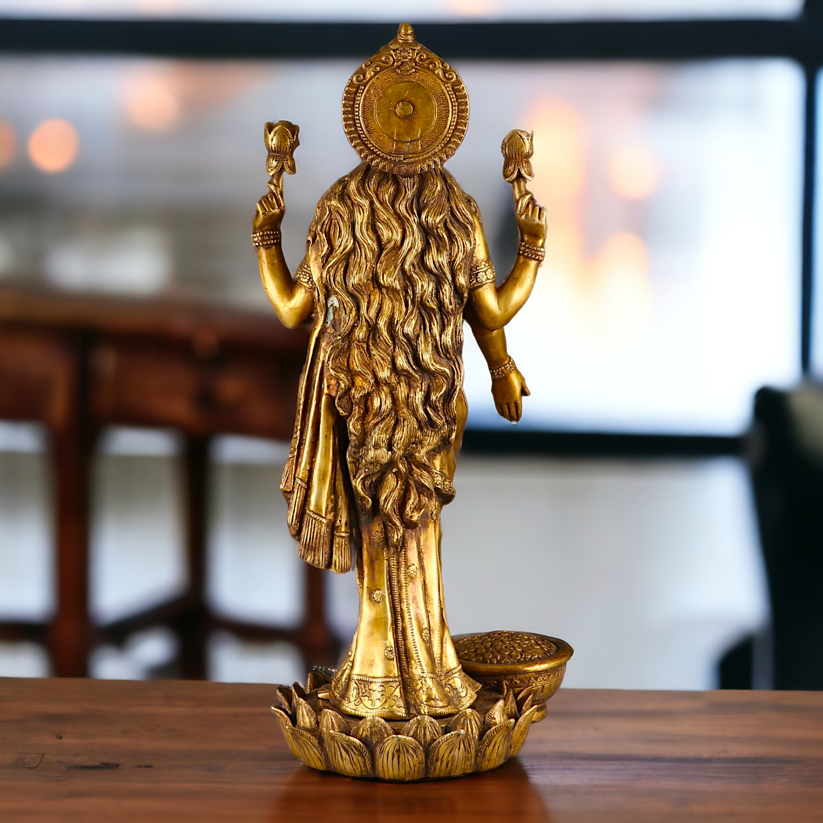 Large Solid Brass Lakshmi Stand on Lotus Idol - 62 cm Nikuressence