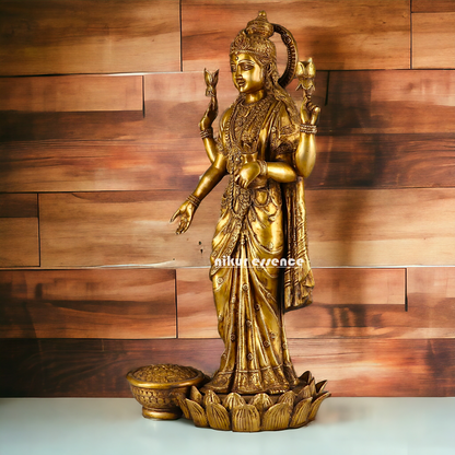 Large Solid Brass Lakshmi Stand on Lotus Idol - 62 cm Nikuressence