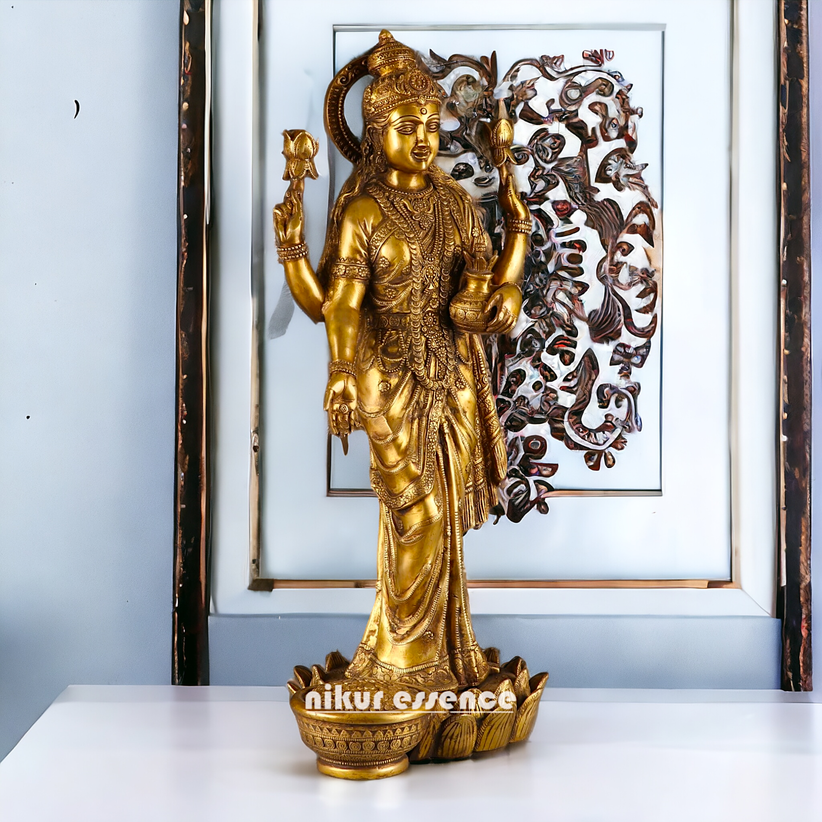 Large Solid Brass Lakshmi Stand on Lotus Idol - 62 cm Nikuressence