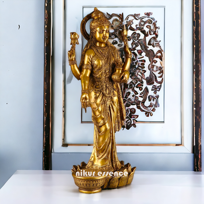 Large Solid Brass Lakshmi Stand on Lotus Idol - 62 cm Nikuressence