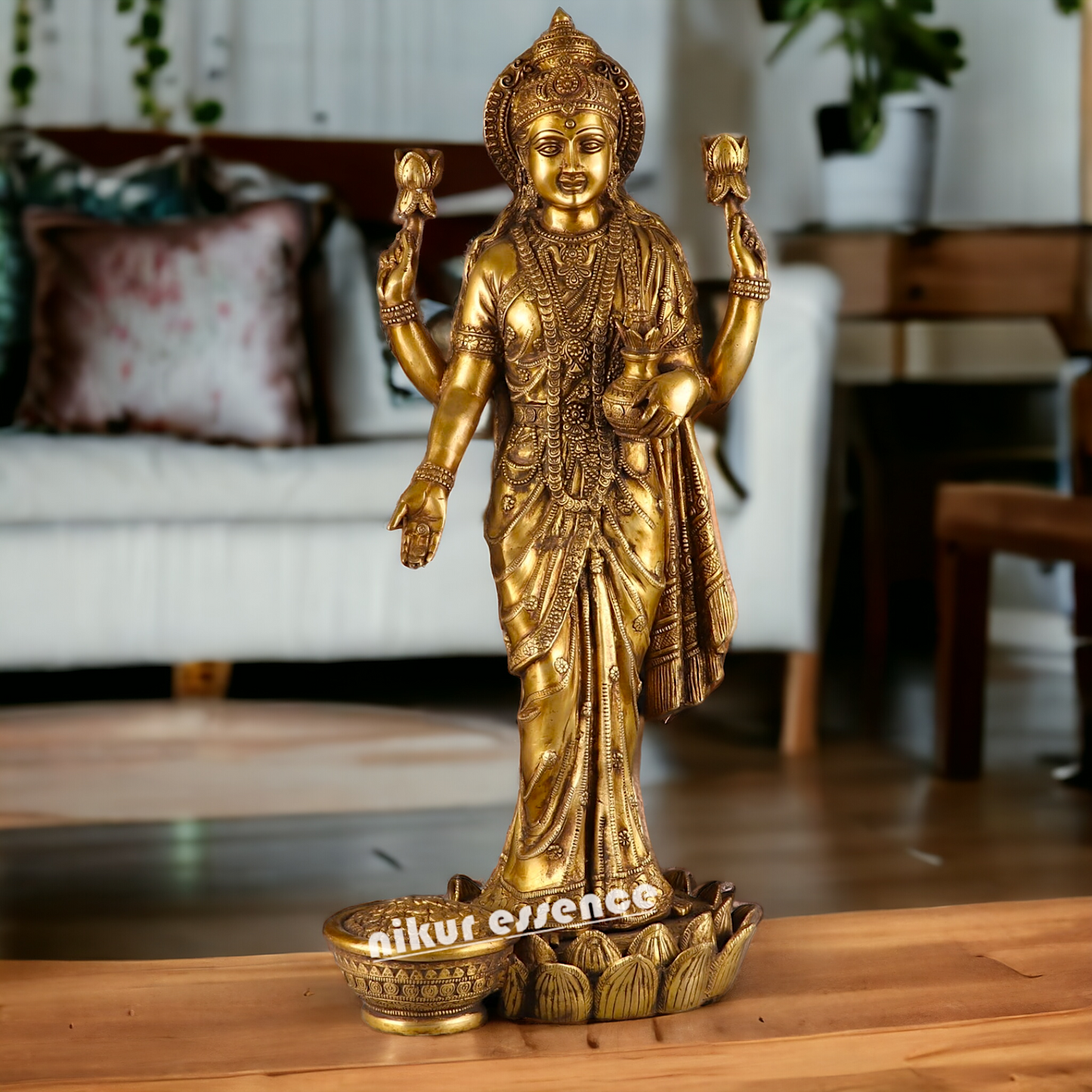 Large Solid Brass Lakshmi Stand on Lotus Idol - 62 cm Nikuressence