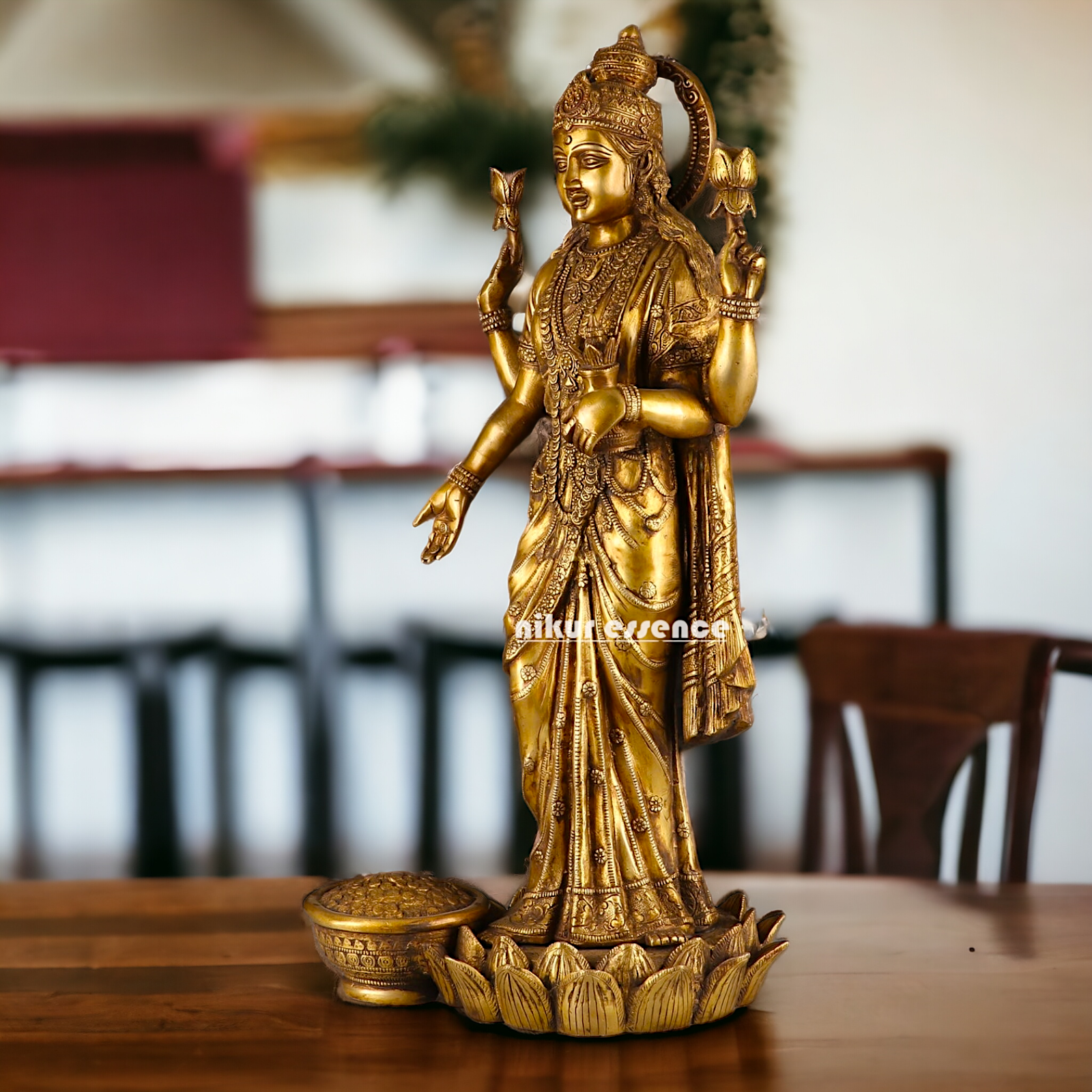 Large Solid Brass Lakshmi Stand on Lotus Idol - 62 cm Nikuressence