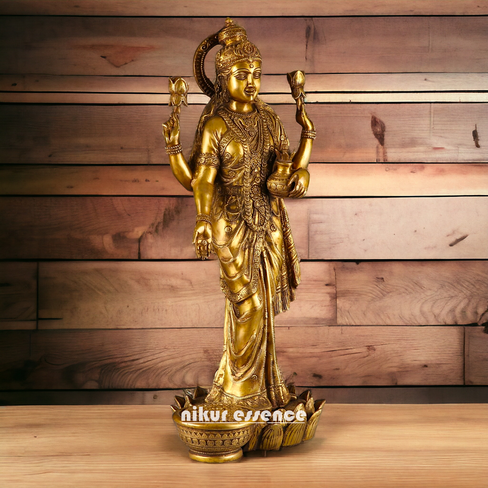 Large Solid Brass Lakshmi Stand on Lotus Idol - 62 cm Nikuressence