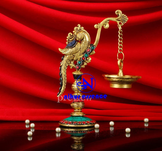 Peacock Oil Diya Lamp with Stone Work: A Stunning Piece of Art for Home Decor, Spiritual Growth, and Illumination Nikuressence