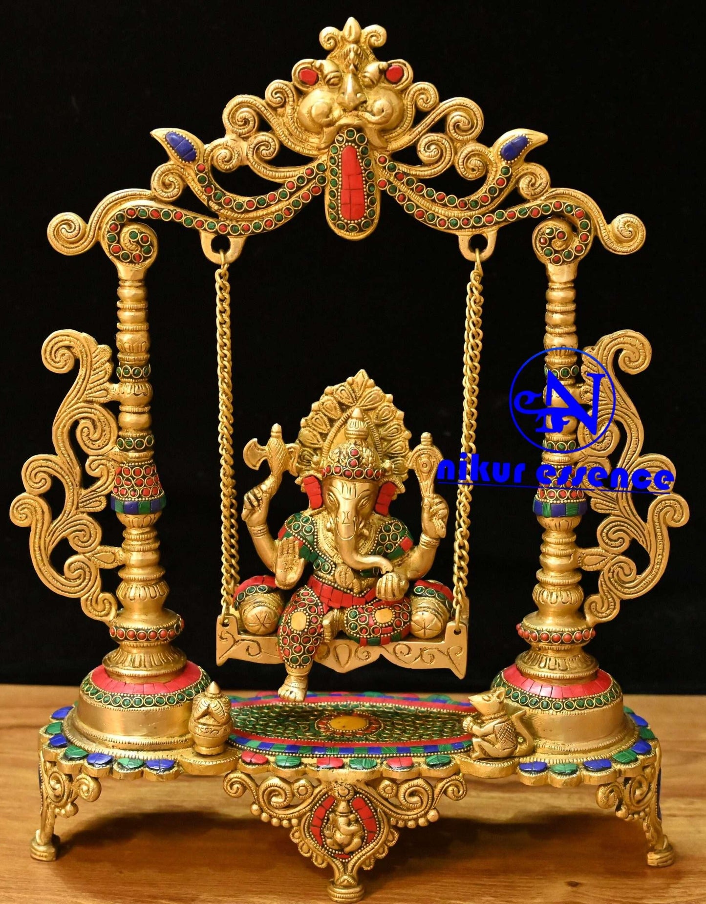Online buy Brass Ganesha swing on Jhula with Kirtimukha at Top with beautiful Stone work Nikuressence