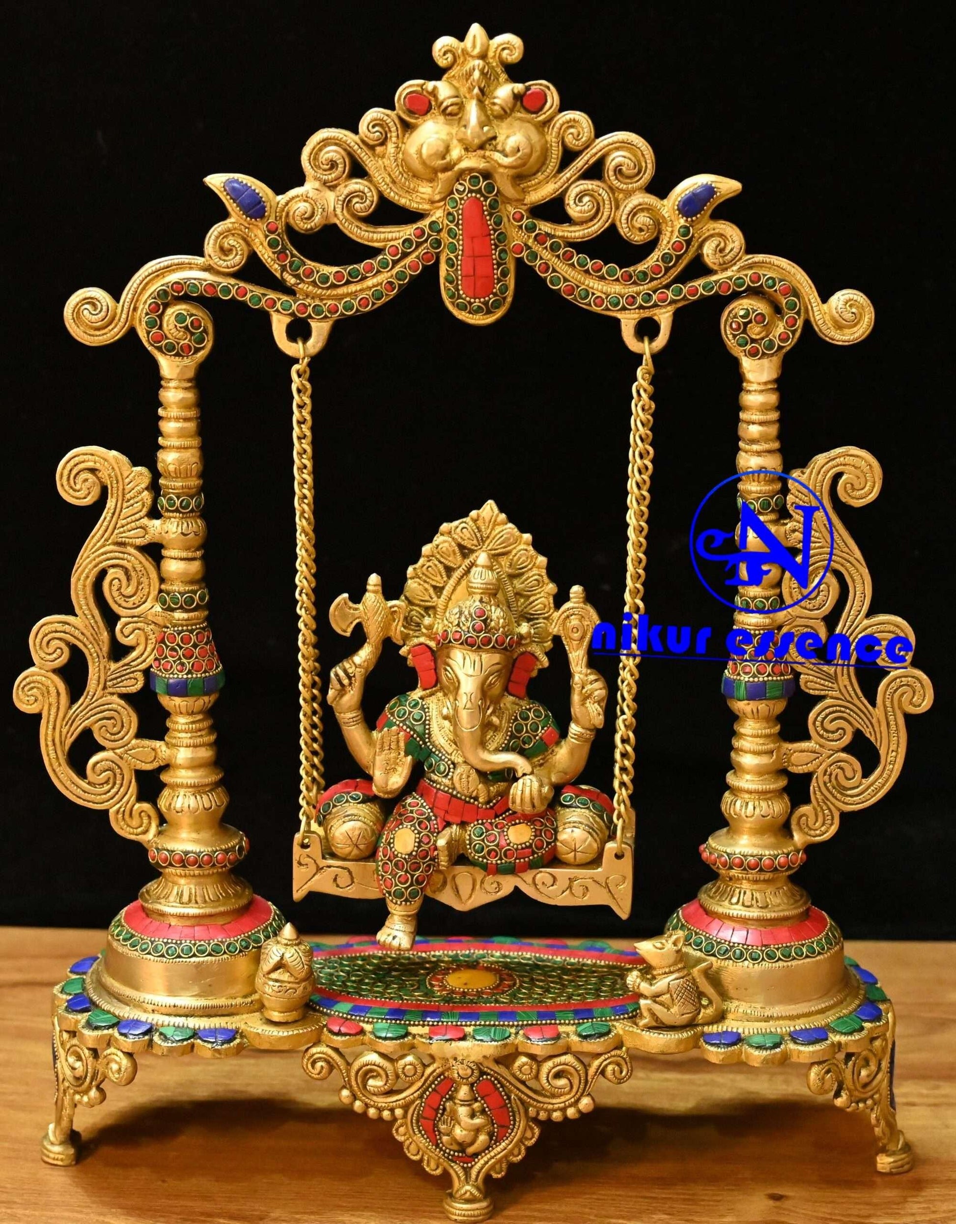 Online buy Brass Ganesha swing on Jhula with Kirtimukha at Top with beautiful Stone work Nikuressence