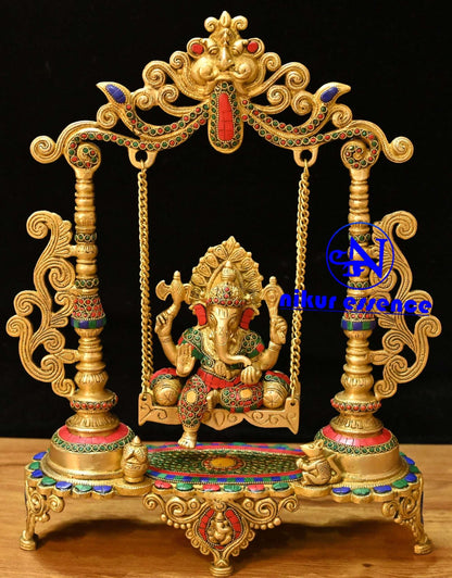 Online buy Brass Ganesha swing on Jhula with Kirtimukha at Top with beautiful Stone work Nikuressence