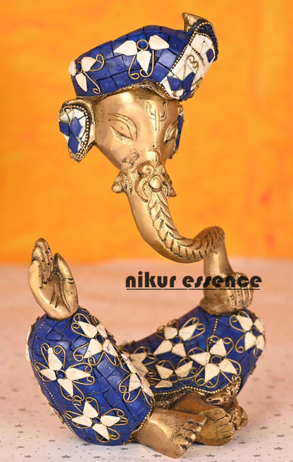 Buy Ganesha Brass Idol with Intricate White and Blue Stone work Nikuressence