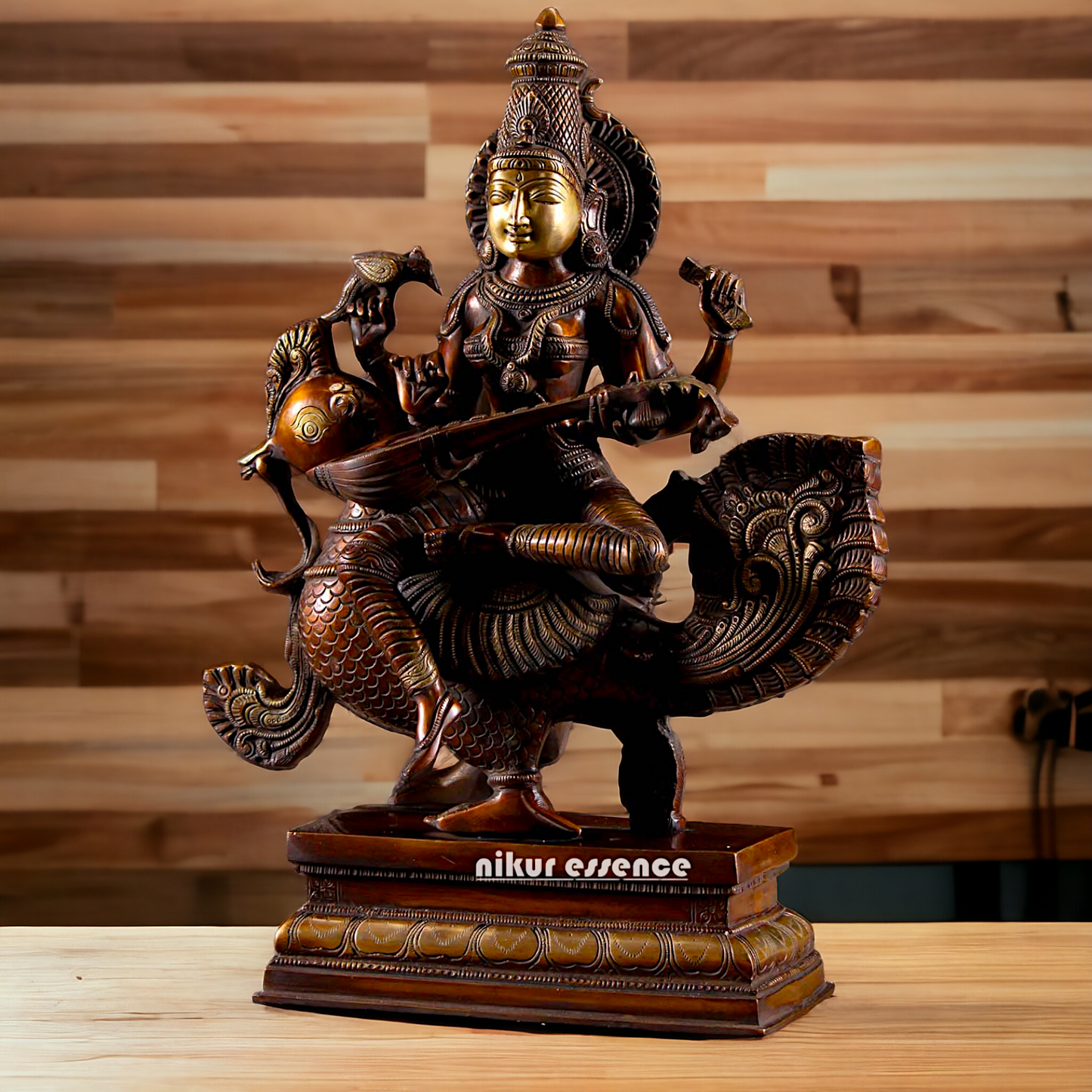 Saraswati Playing the Veena While Seated on a Grand Peacock, With a Parrot Gracefully Perched on Her Hand – Exquisite 20-Inch Handcrafted Figurine Nikuressence