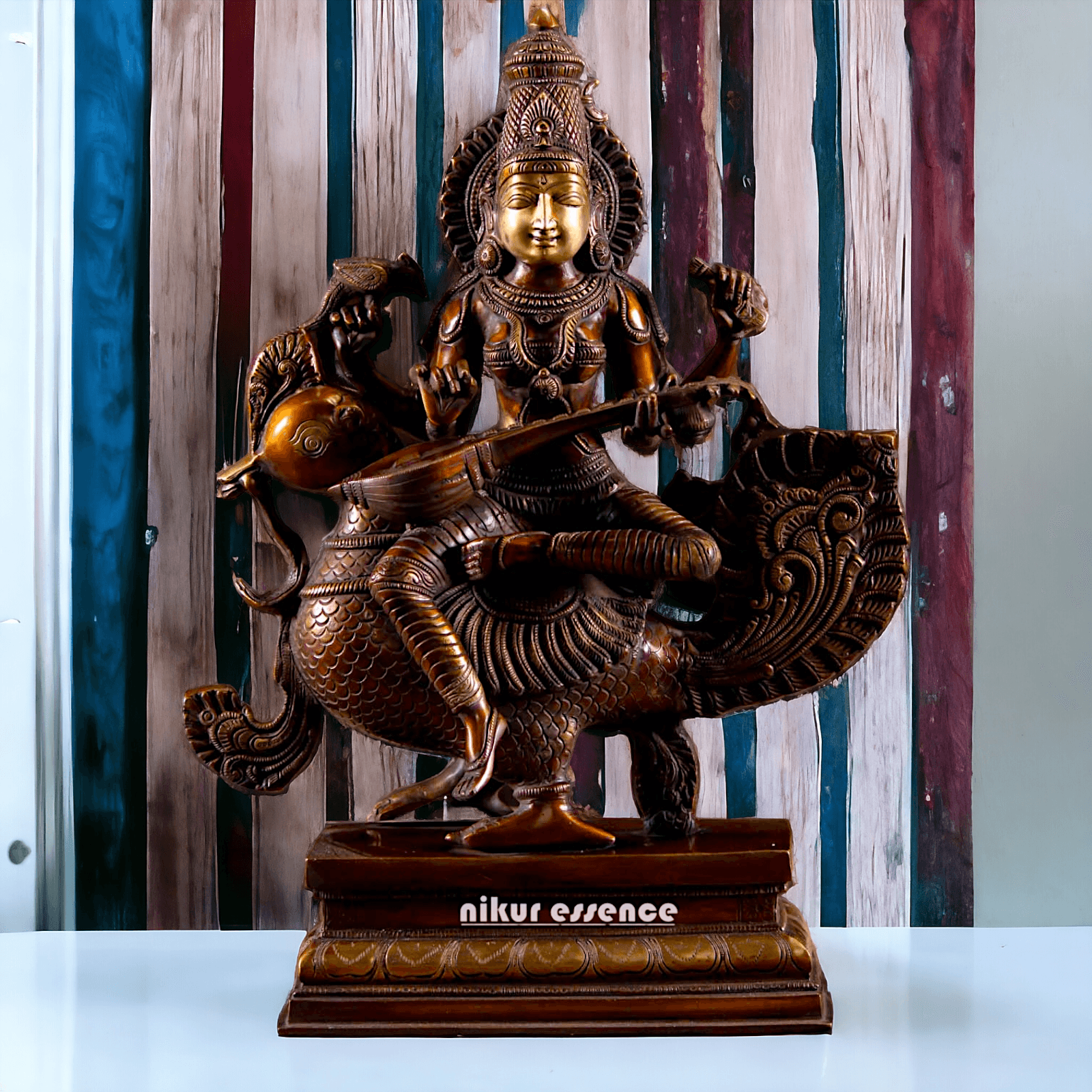 Saraswati Playing the Veena While Seated on a Grand Peacock, With a Parrot Gracefully Perched on Her Hand – Exquisite 20-Inch Handcrafted Figurine Nikuressence