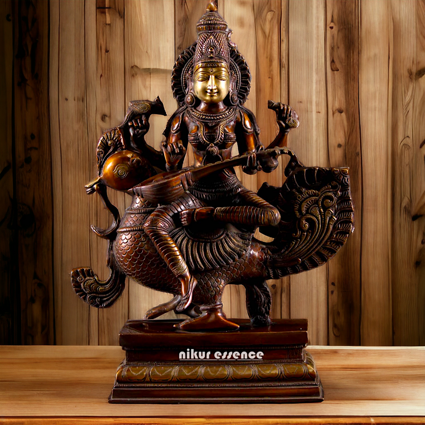 Saraswati Playing the Veena While Seated on a Grand Peacock, With a Parrot Gracefully Perched on Her Hand – Exquisite 20-Inch Handcrafted Figurine Nikuressence