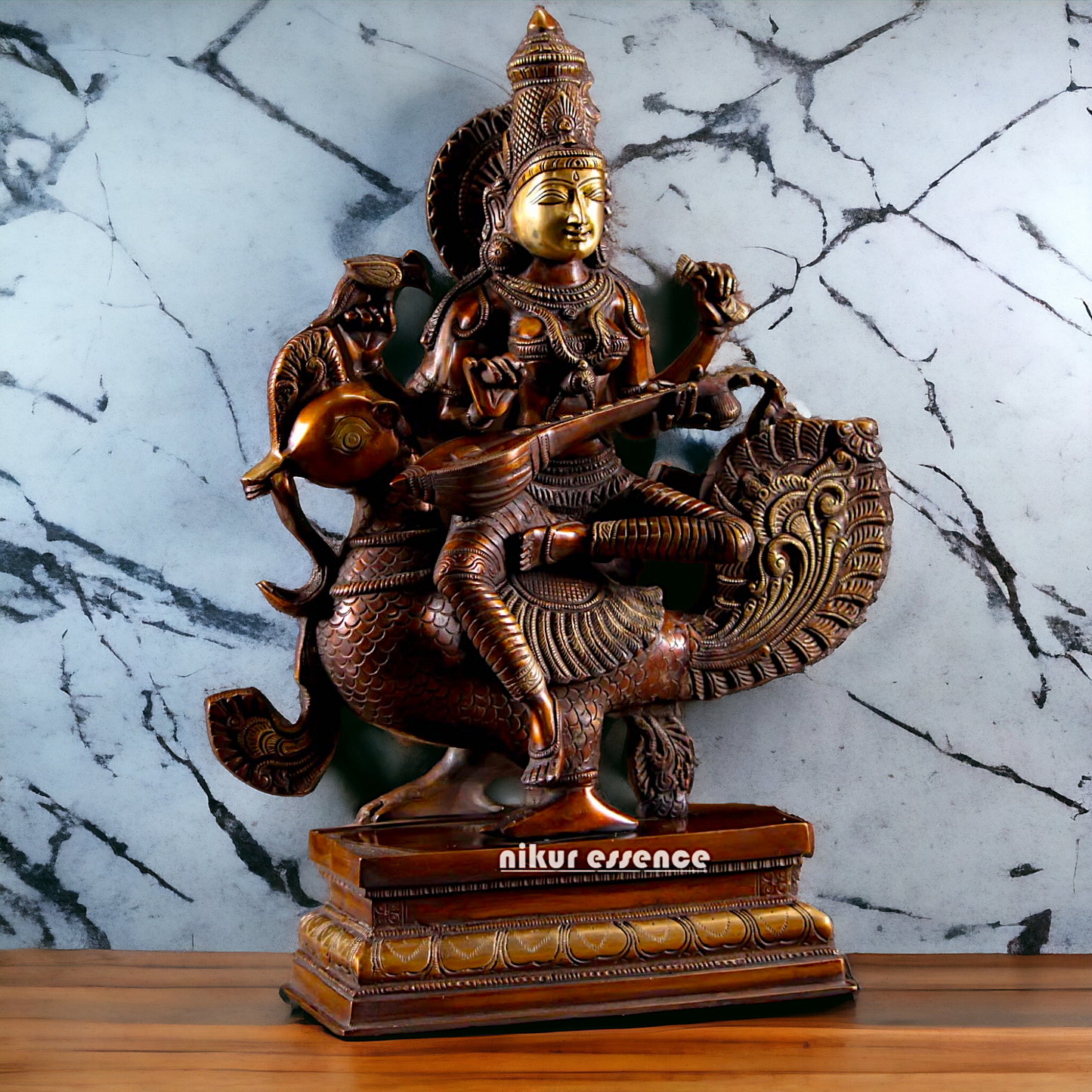 Saraswati Playing the Veena While Seated on a Grand Peacock, With a Parrot Gracefully Perched on Her Hand – Exquisite 20-Inch Handcrafted Figurine Nikuressence