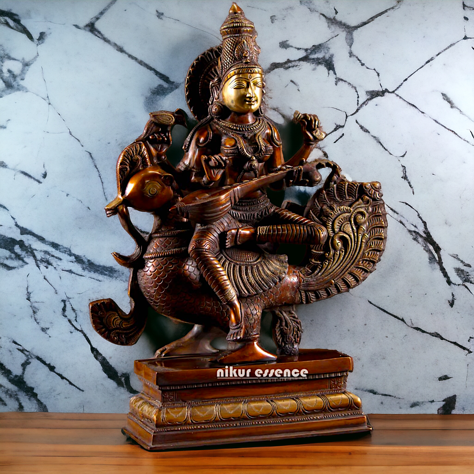 Saraswati Playing the Veena While Seated on a Grand Peacock, With a Parrot Gracefully Perched on Her Hand – Exquisite 20-Inch Handcrafted Figurine Nikuressence