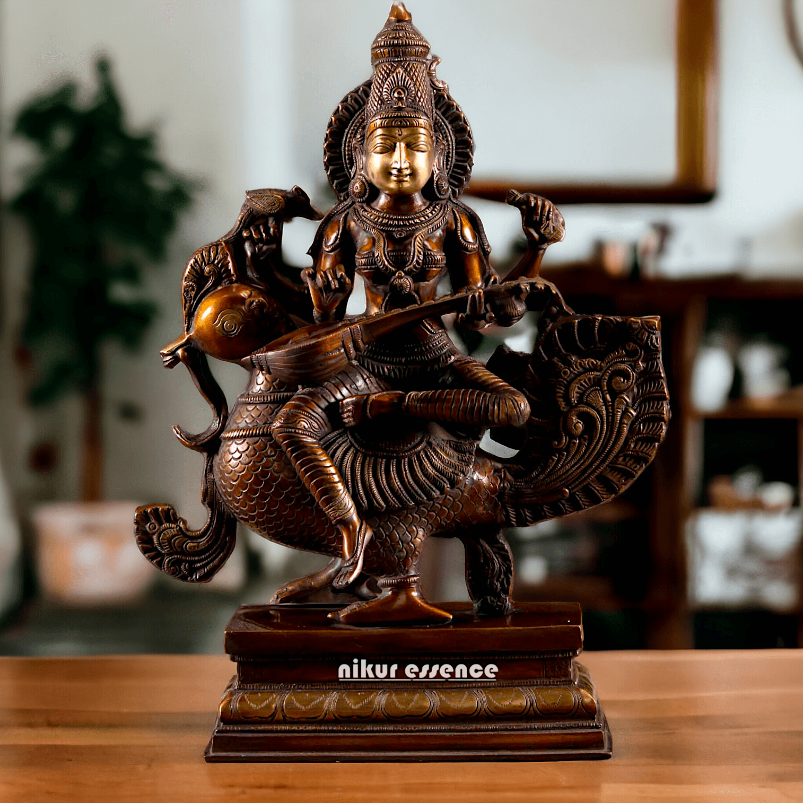 Saraswati Playing the Veena While Seated on a Grand Peacock, With a Parrot Gracefully Perched on Her Hand – Exquisite 20-Inch Handcrafted Figurine Nikuressence