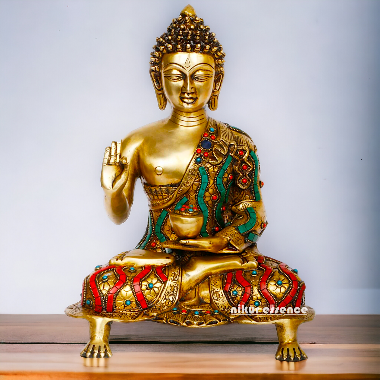 Online Brass Gautam Buddha sitting on singhasan meditation with stone work Idol - 20 inches Nikuressence