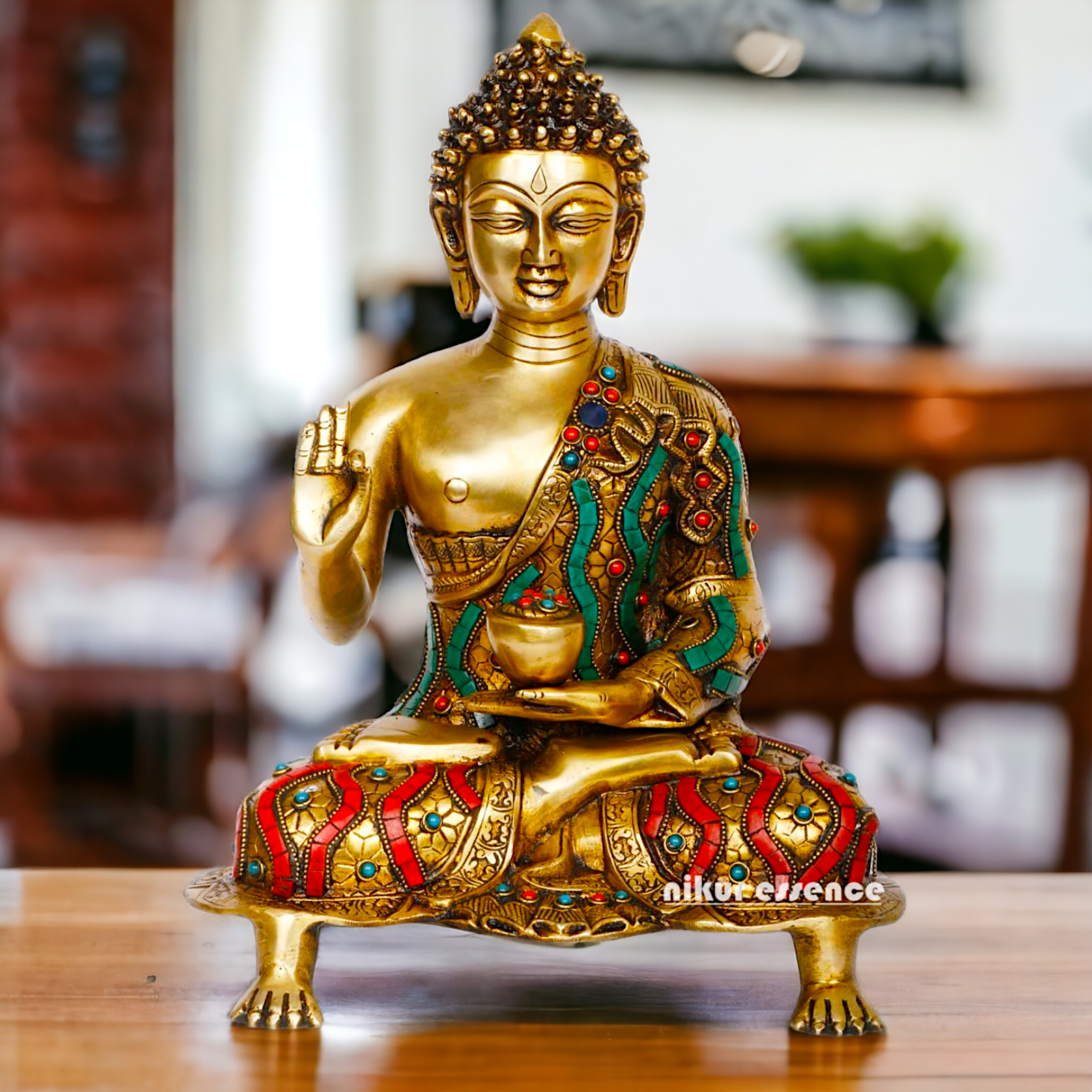 Online Brass Gautam Buddha sitting on singhasan meditation with stone work Idol - 20 inches Nikuressence