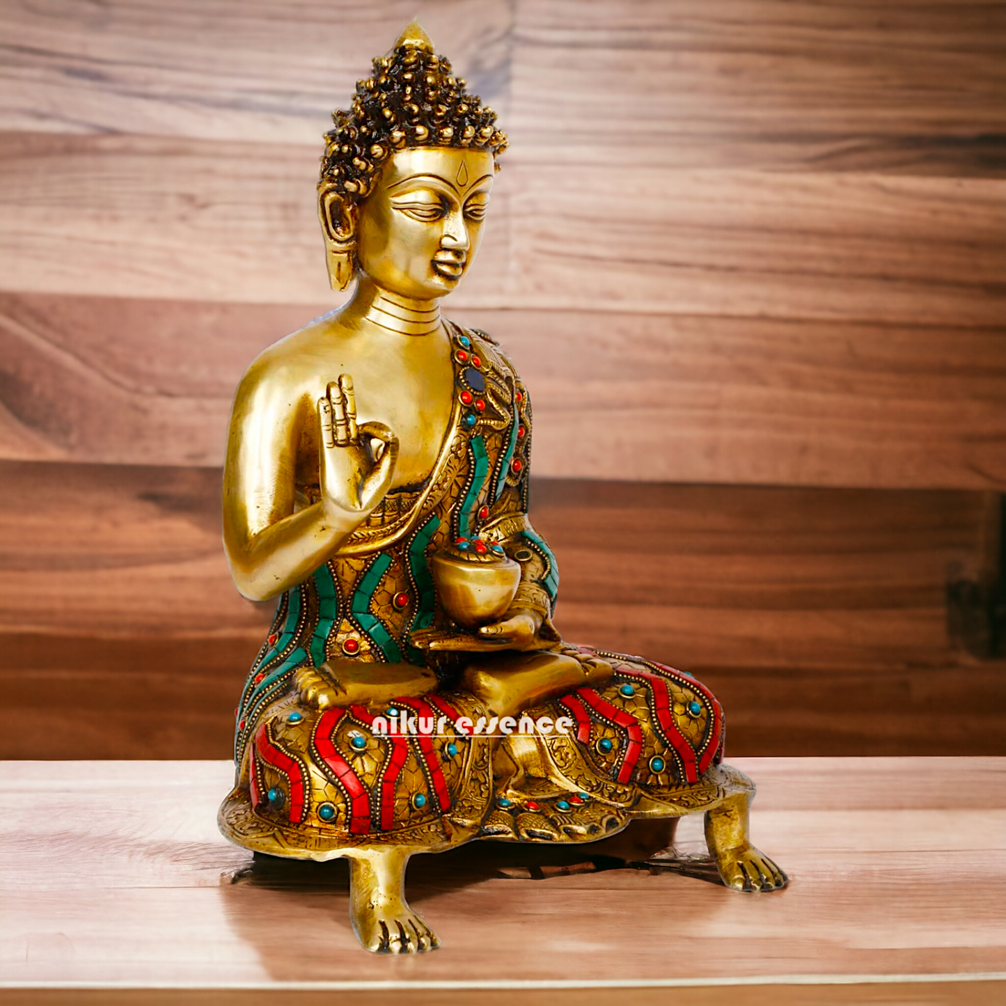 Online Brass Gautam Buddha sitting on singhasan meditation with stone work Idol - 20 inches Nikuressence