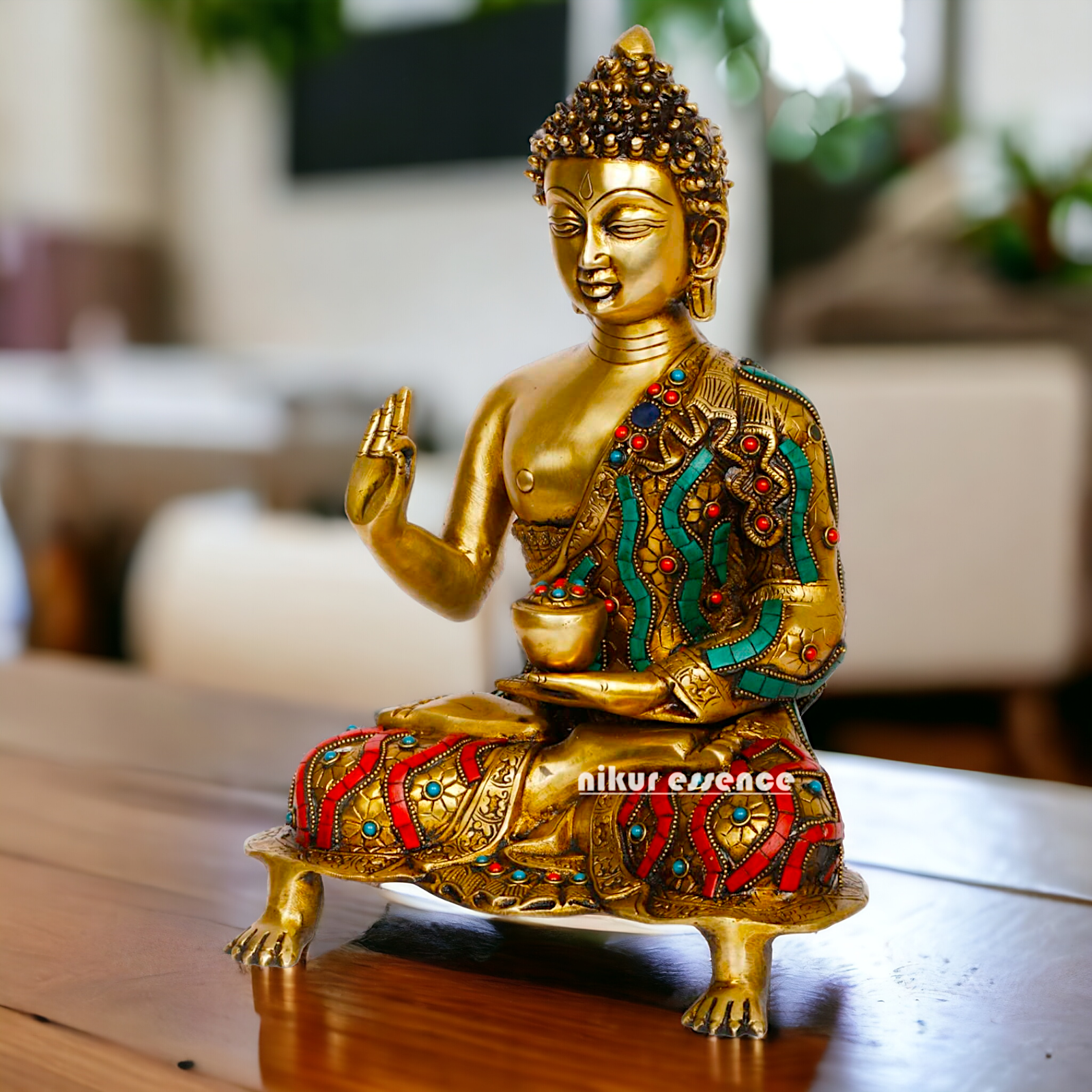 Online Brass Gautam Buddha sitting on singhasan meditation with stone work Idol - 20 inches Nikuressence