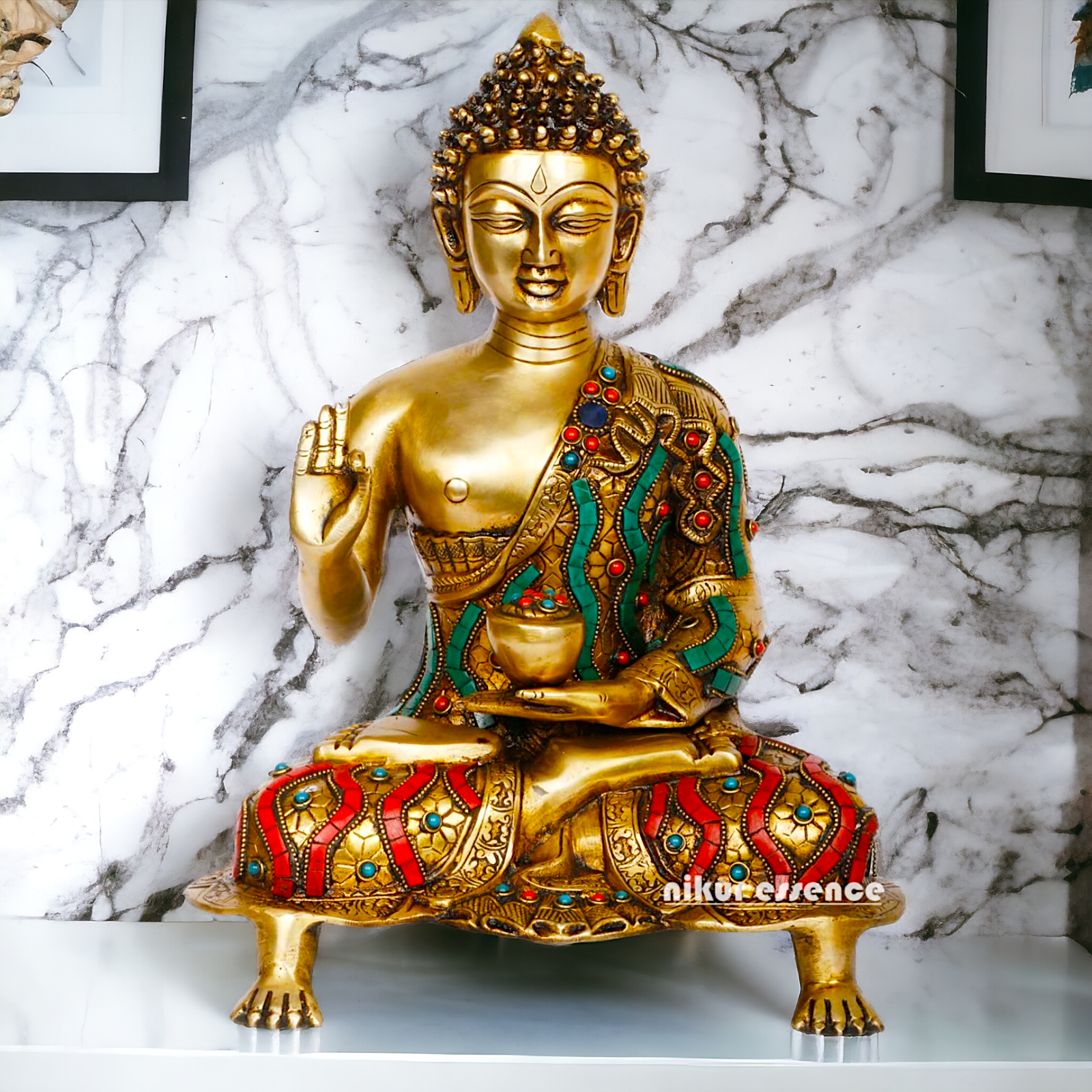 Online Brass Gautam Buddha sitting on singhasan meditation with stone work Idol - 20 inches Nikuressence