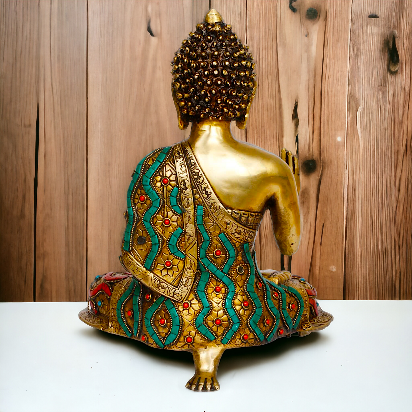 Online Brass Gautam Buddha sitting on singhasan meditation with stone work Idol - 20 inches Nikuressence