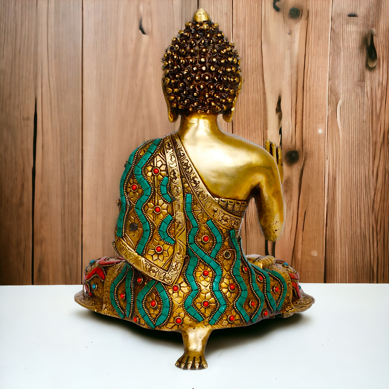 Online Brass Gautam Buddha sitting on singhasan meditation with stone work Idol - 20 inches Nikuressence