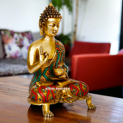 Online Brass Gautam Buddha sitting on singhasan meditation with stone work Idol - 20 inches Nikuressence