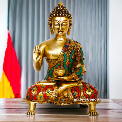 Online Brass Gautam Buddha sitting on singhasan meditation with stone work Idol - 20 inches Nikuressence