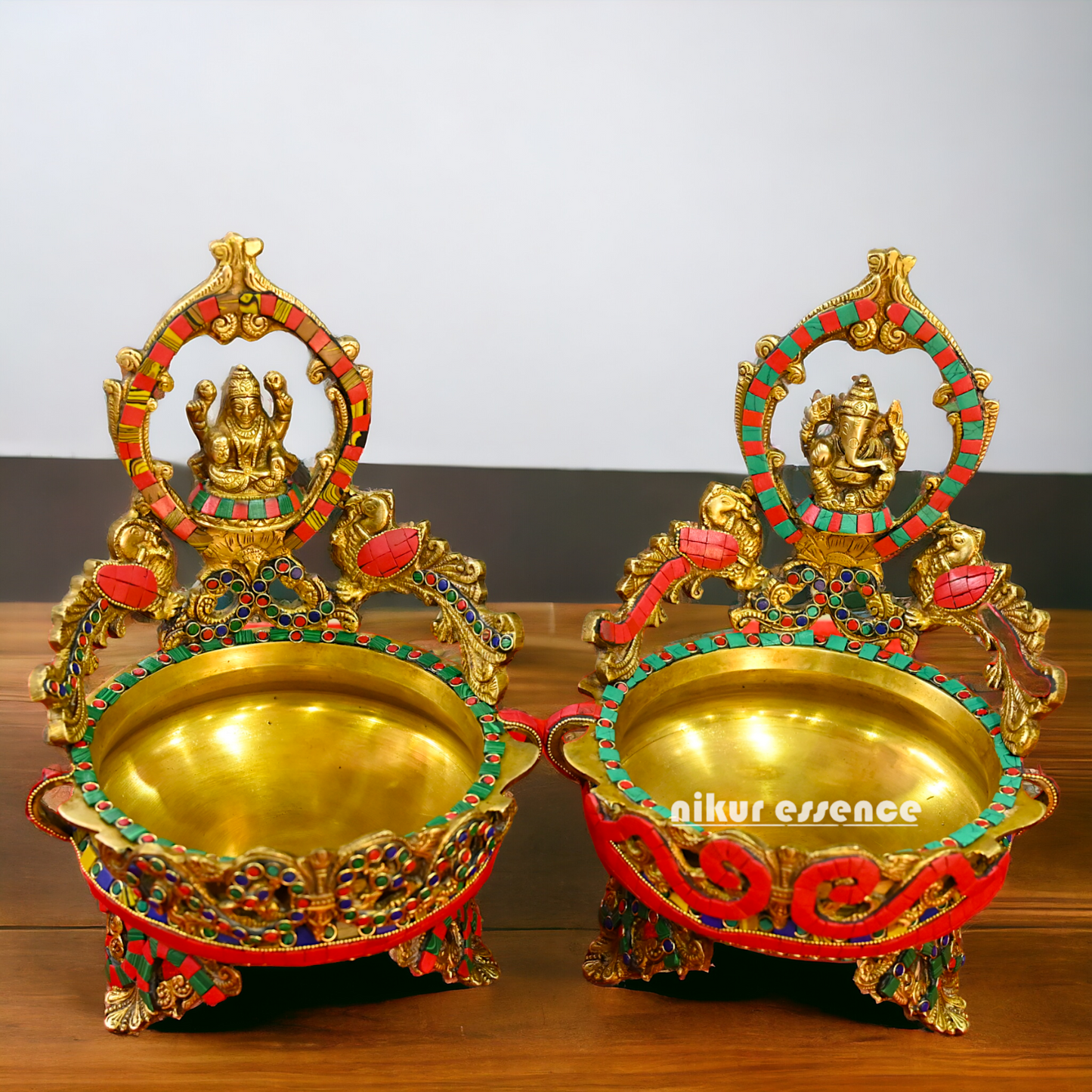 Online Brass Lakshmi Ganesh Urli with stone work - 10.5 cm Nikuressence