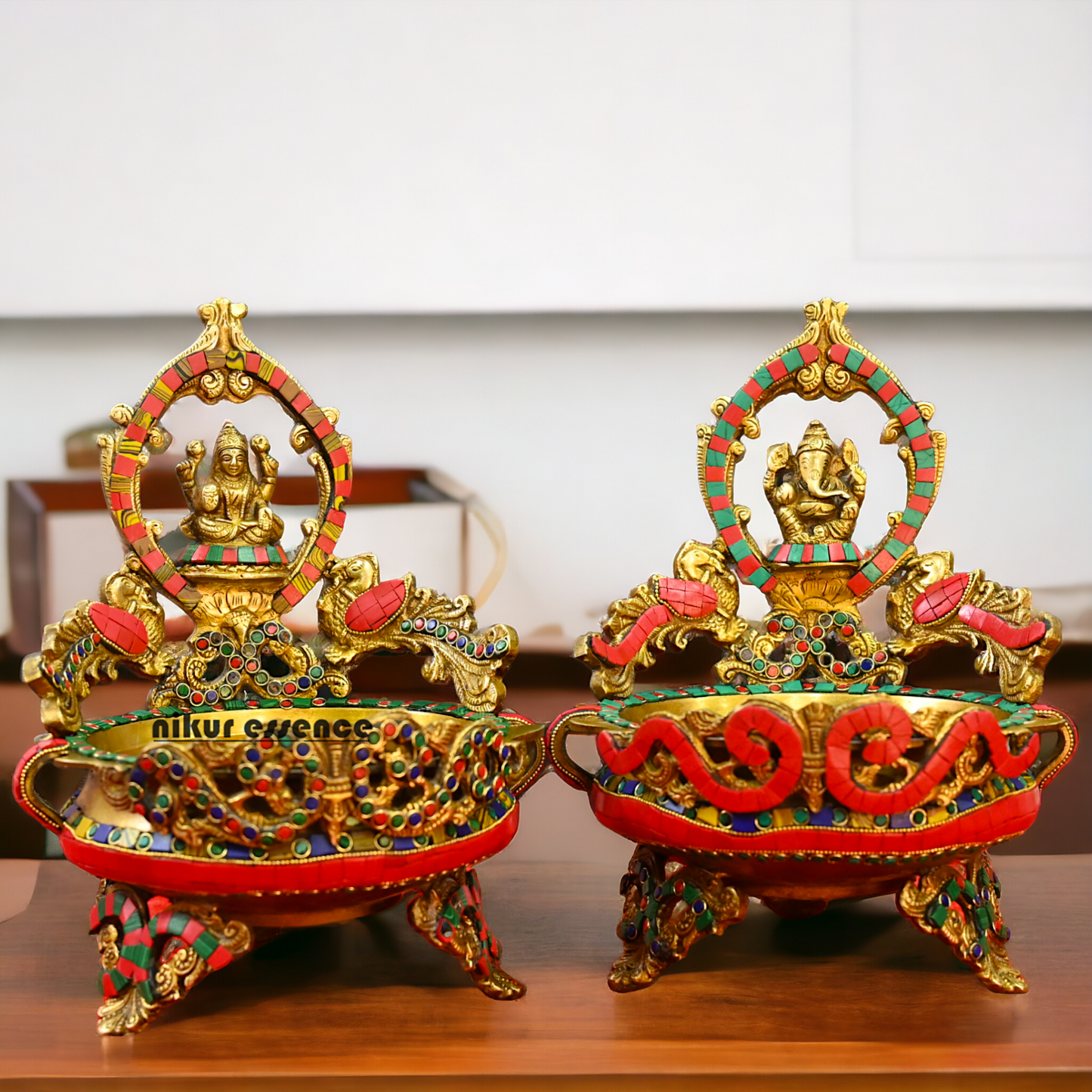 Online Brass Lakshmi Ganesh Urli with stone work - 10.5 cm Nikuressence