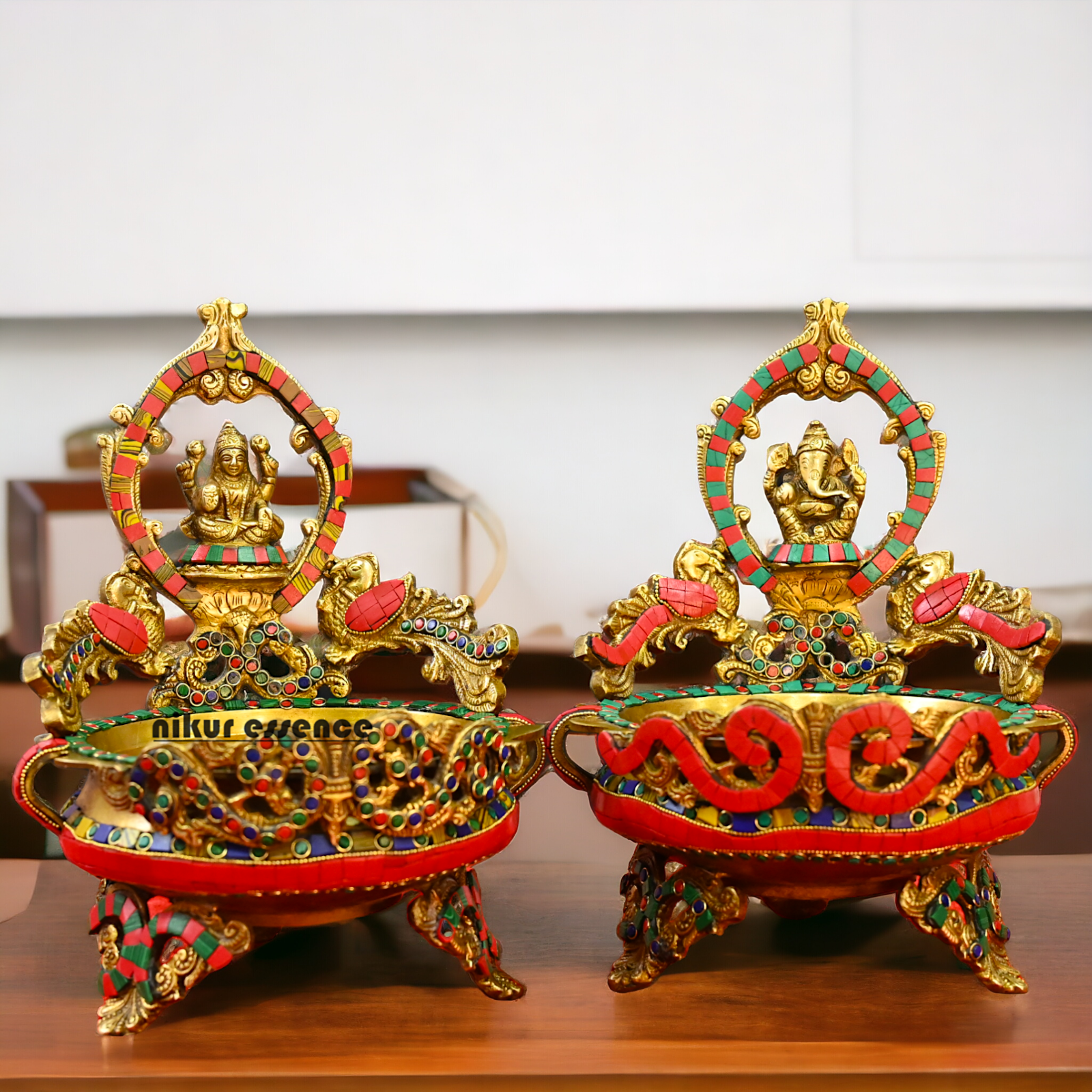 Online Brass Lakshmi Ganesh Urli with stone work - 10.5 cm Nikuressence