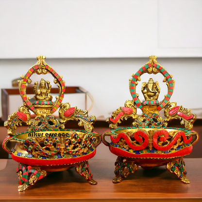 Online Brass Lakshmi Ganesh Urli with stone work - 10.5 cm Nikuressence