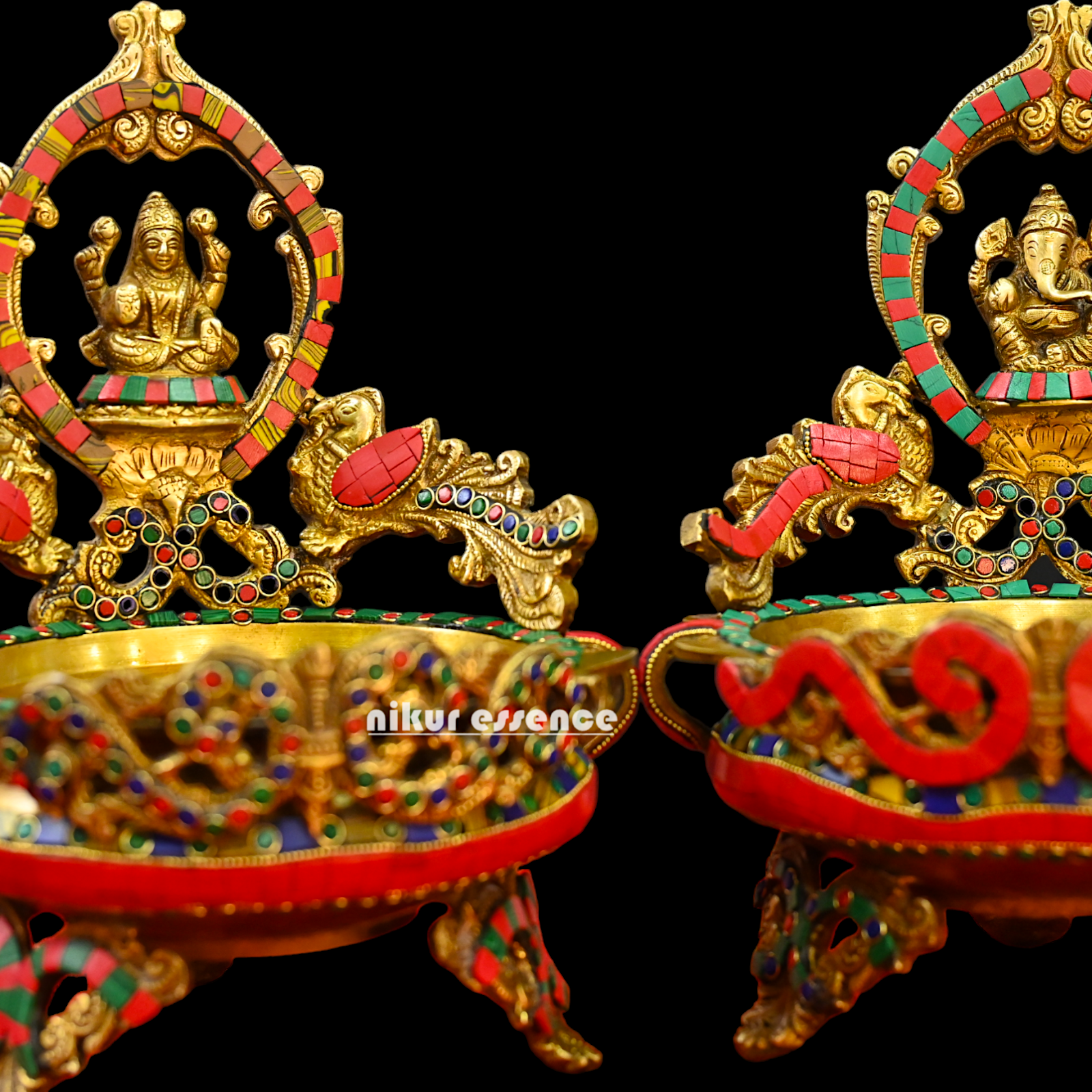 Online Brass Lakshmi Ganesh Urli with stone work - 10.5 cm Nikuressence