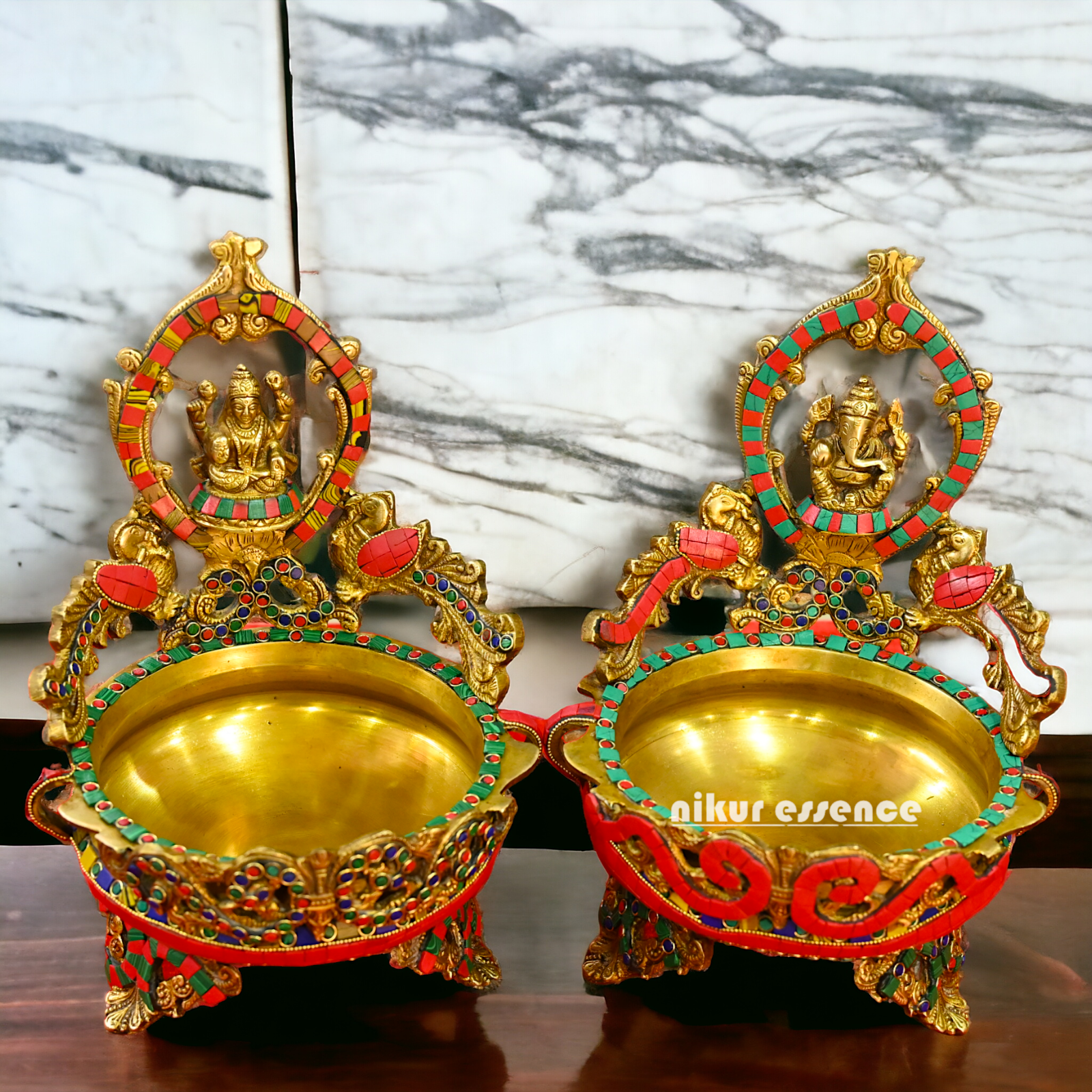 Online Brass Lakshmi Ganesh Urli with stone work - 10.5 cm Nikuressence