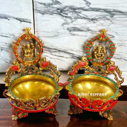 Online Brass Lakshmi Ganesh Urli with stone work - 10.5 cm Nikuressence