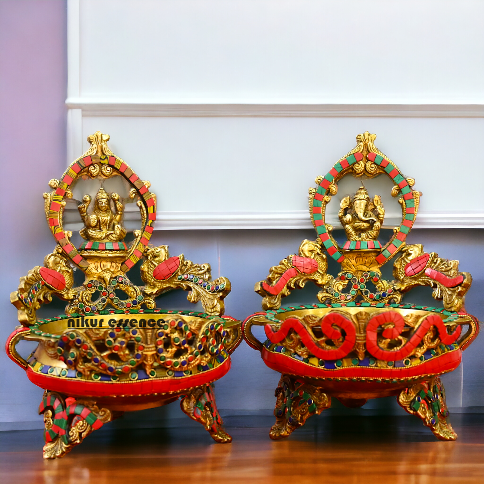 Online Brass Lakshmi Ganesh Urli with stone work - 10.5 cm Nikuressence