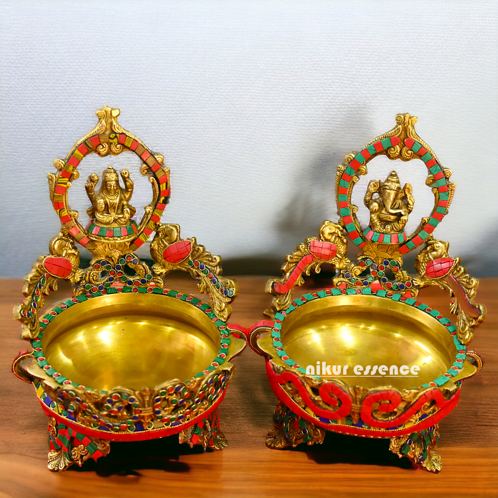 Online Brass Lakshmi Ganesh Urli with stone work - 10.5 cm Nikuressence