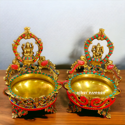 Online Brass Lakshmi Ganesh Urli with stone work - 10.5 cm Nikuressence
